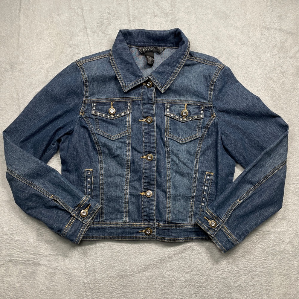 Baccini Denim Jacket Women Large Blue Rhinestone Embellished Stretch Trucker